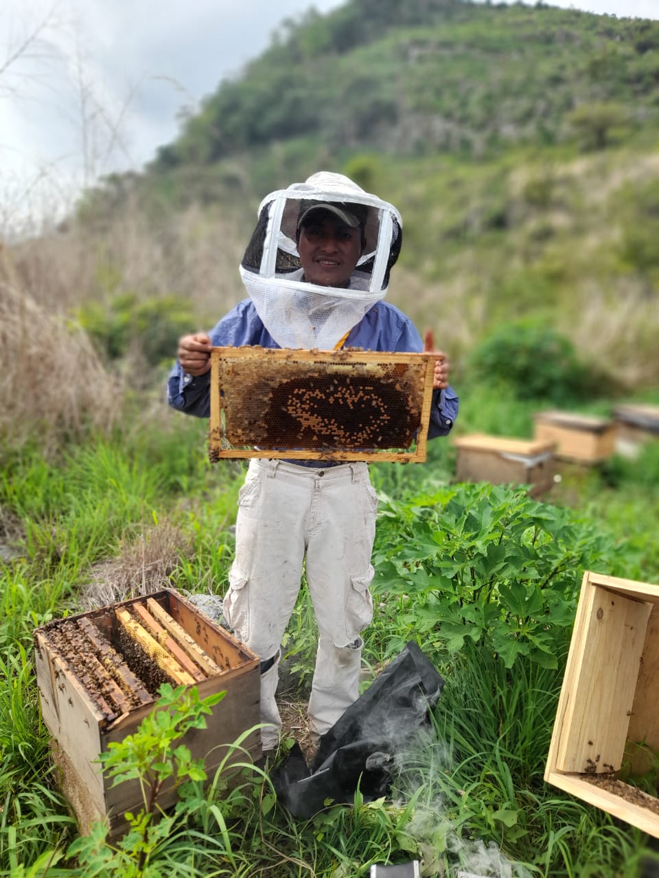 A community promoter from ACODIHUE provides beekeeping assistance to other farmers in the program